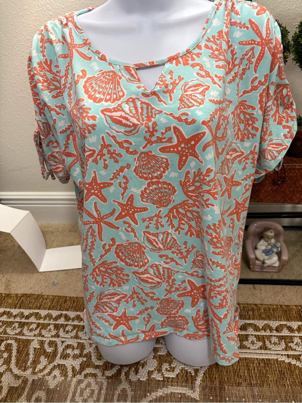 carribean joe womens keyhole short sleeve knit top starfish aqua orange xl